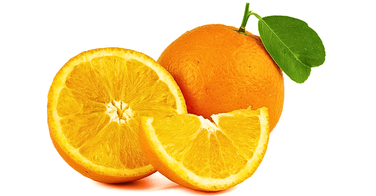 A vibrant orange with stem and leaves attached, positioned next to a halved orange and slices revealing the juicy, textured interior, captured in a close-up shot on a neutral background.