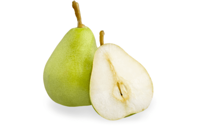 A pear and a halved pear displayed in close-up against a pristine white background. The smooth, golden skin and luscious flesh of the pear are accentuated, showcasing its juicy texture and distinctive shape. The simplicity of the white backdrop enhances the natural allure of the fruit, creating an inviting and visually appealing composition that exudes freshness and wholesome indulgence.