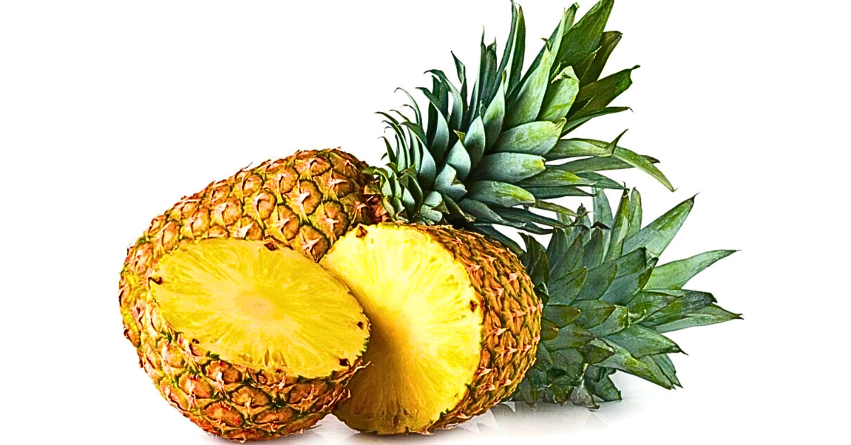 A whole pineapple and a halved pineapple, showcasing the prickly, textured exterior of the fruit alongside its juicy, yellow flesh and core, set against a pristine white background. This image presents the vibrant, tropical allure of the pineapple, capturing its unique appearance and tempting interior.