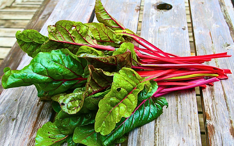 A lush bundle of Swiss chard, up close, resting on a rustic wood table. The vibrant green leaves and colorful stems of the chard create an inviting visual, evoking a sense of farm-fresh abundance and culinary artistry. The organic, earthy setting of the wooden table enhances the wholesome appeal of the produce, providing a compelling snapshot of natural freshness and sustainable living. 