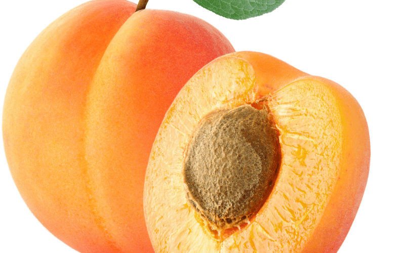 An apricot and a half apricot placed against a clean, white background. The vibrant color and smooth texture of the apricot, along with its juicy flesh and distinct pit, are highlighted in this visually crisp composition. The simplicity of the background accentuates the natural beauty of the fruit, creating an inviting and appetizing visual.