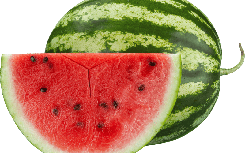 A whole watermelon placed alongside a close-up slice, showcasing its vibrant red flesh and contrasting dark seeds against the light background. The refreshing and juicy appeal of the watermelon is captured in this visually appealing composition, inviting thoughts of summer and natural sweetness
